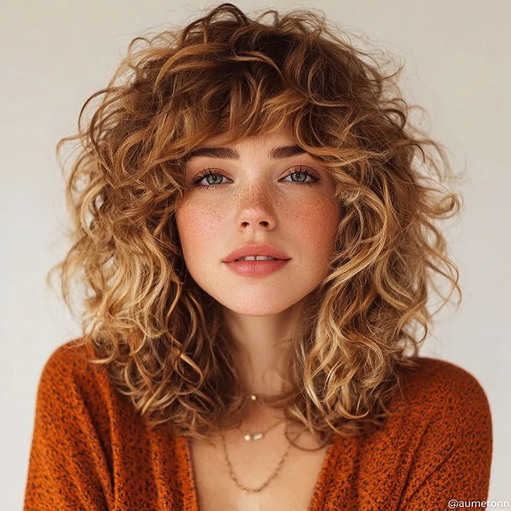 A mid-size woman with honey brown curly hair, loose layers, and blonde money piece highlights in boho clothing.