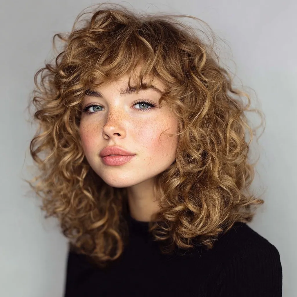 A woman with shoulder-length soft perm curls styled in effortless, voluminous waves.