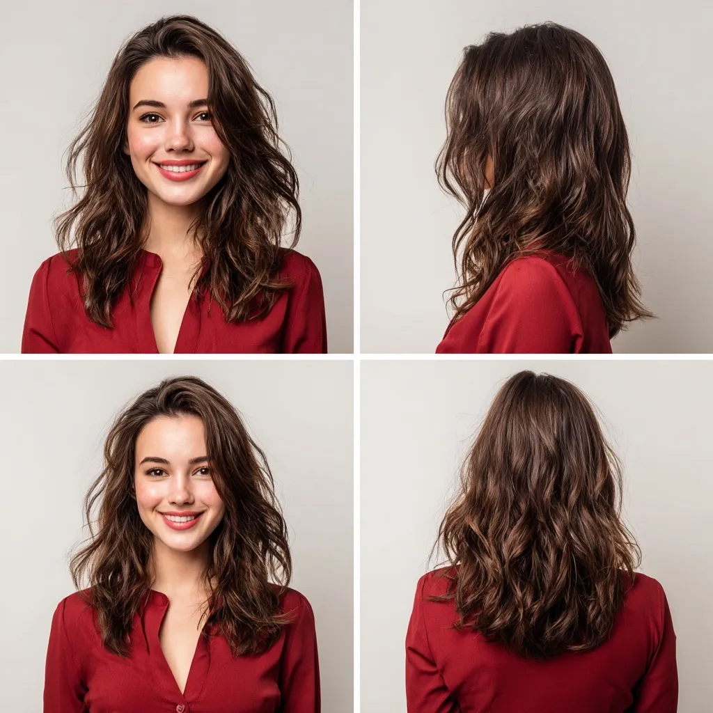 A 4-panel collage of a woman with shoulder-length brunette hair in soft curls, shown from front, back, and sides.