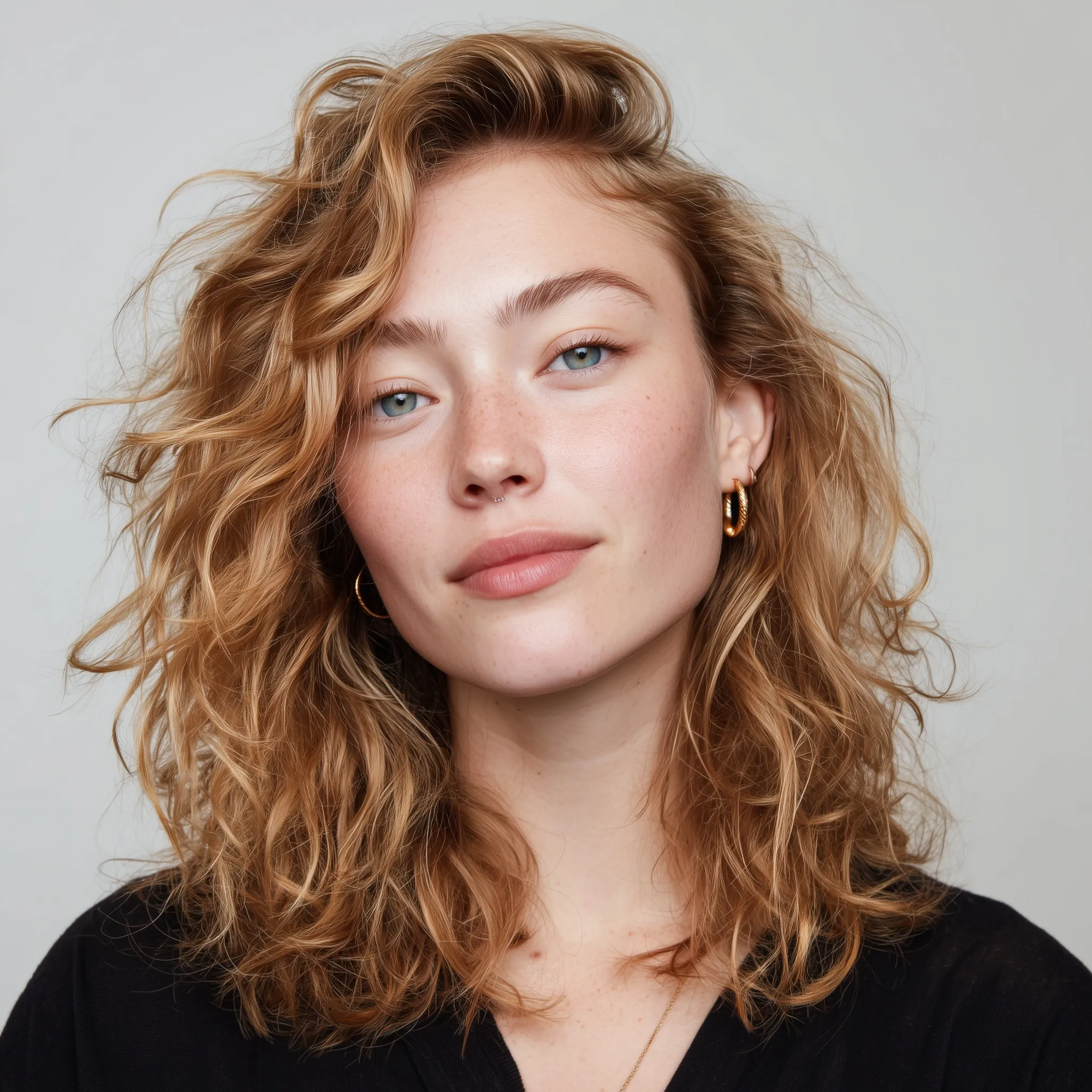 Portrait of a 23-year-old woman with shoulder-length honey-blonde wavy hair, icy blue eyes, and defined features.