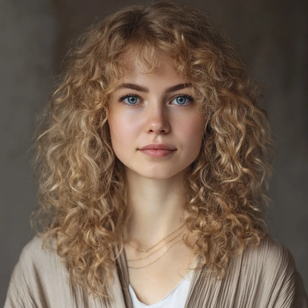 A radiant young Slavic woman with natural shoulder-length blonde curls and blue eyes in a cinematic portrait.