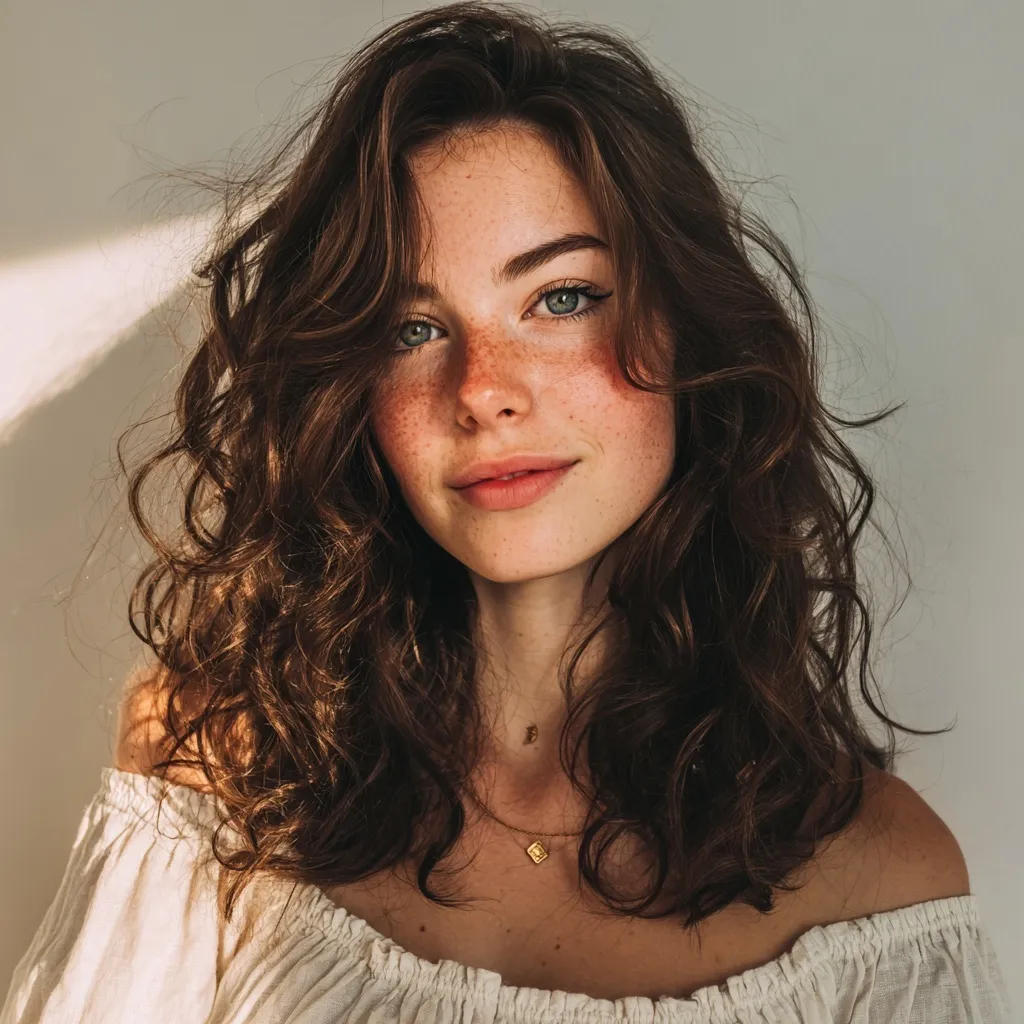 A young Nordic woman with lustrous, shoulder-length brown curls wearing a linen off-shoulder top in sunlight.