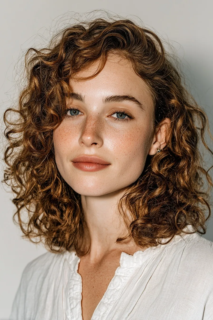 Professional headshot of a 26-year-old French woman with shoulder-length brown curls and hazel eyes on white.
