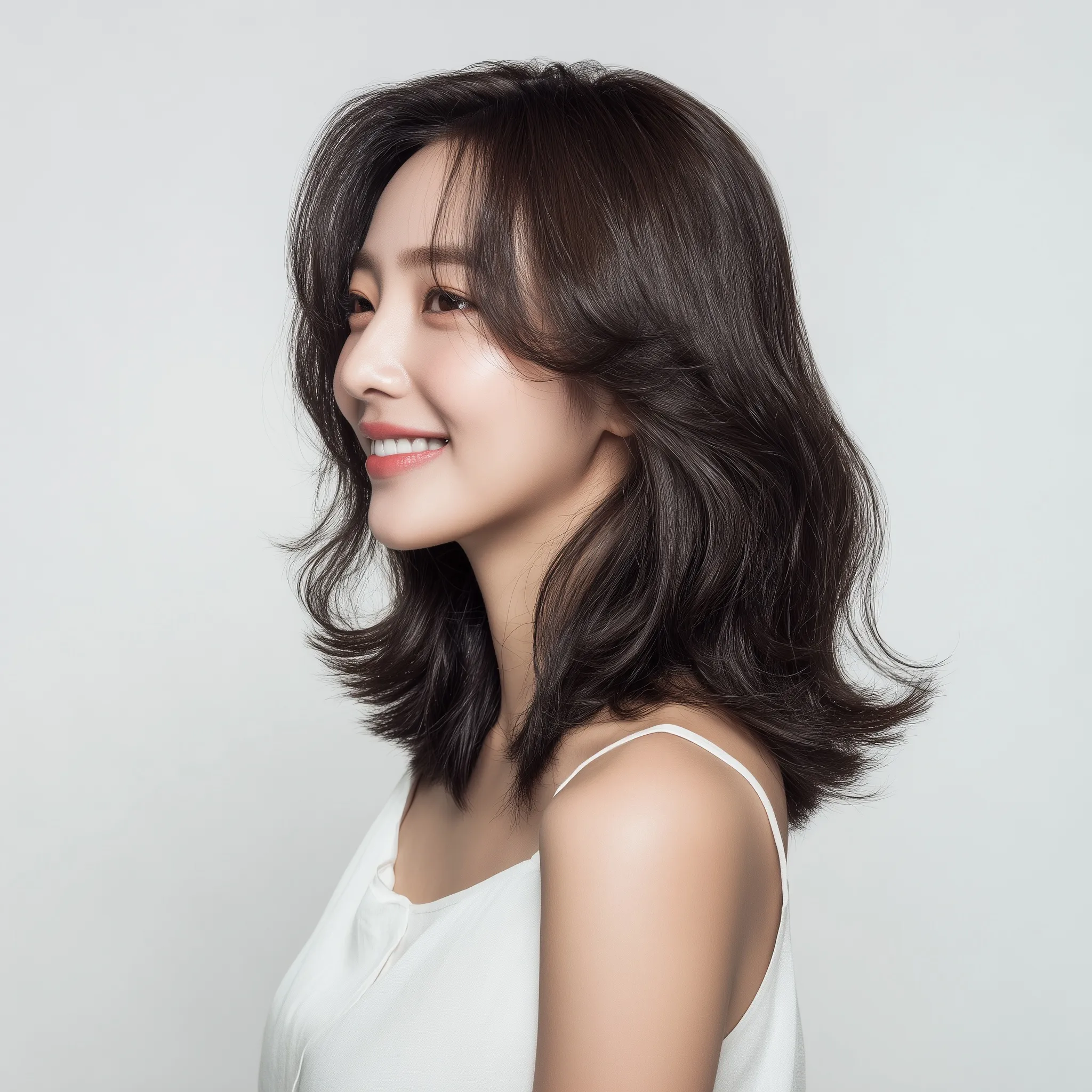 Korean woman with natural shoulder-length C-curl hair smiling against a clean white background.