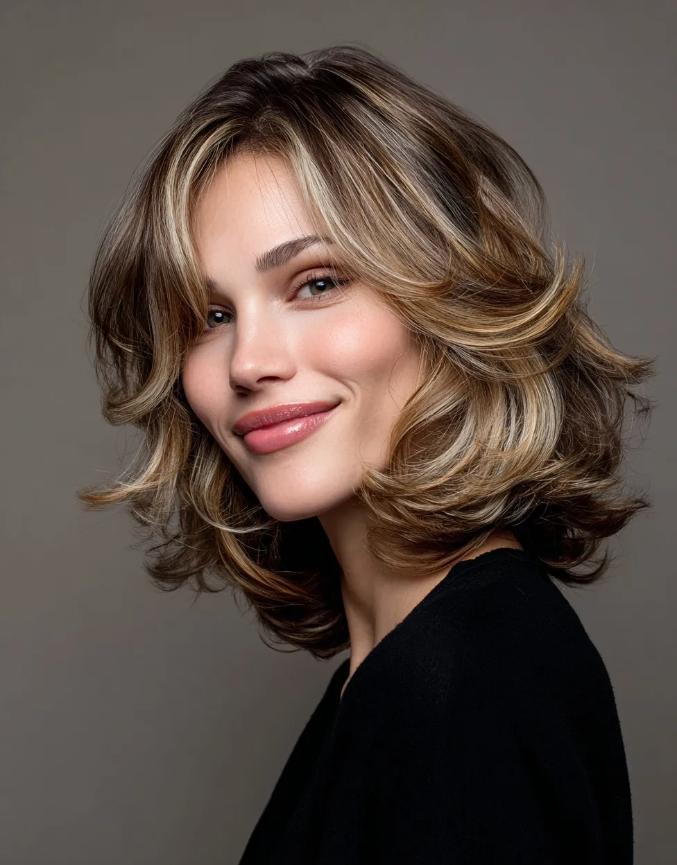 A smiling woman with shoulder-length bob hair featuring light brown tones and blonde highlights.