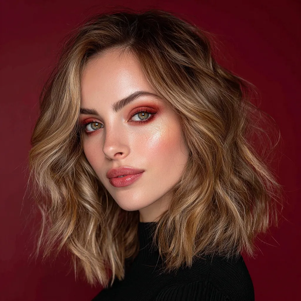 A woman with shoulder-length wavy layered hair, cinnamon and blonde highlights, and red makeup against a red background.