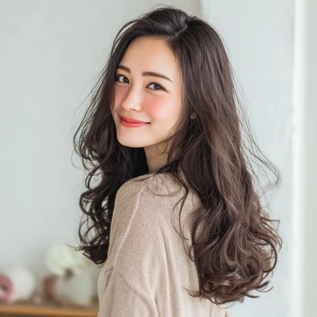A smiling 30-year-old Japanese woman with shoulder-length soft curls and a digital perm in a minimalist room.