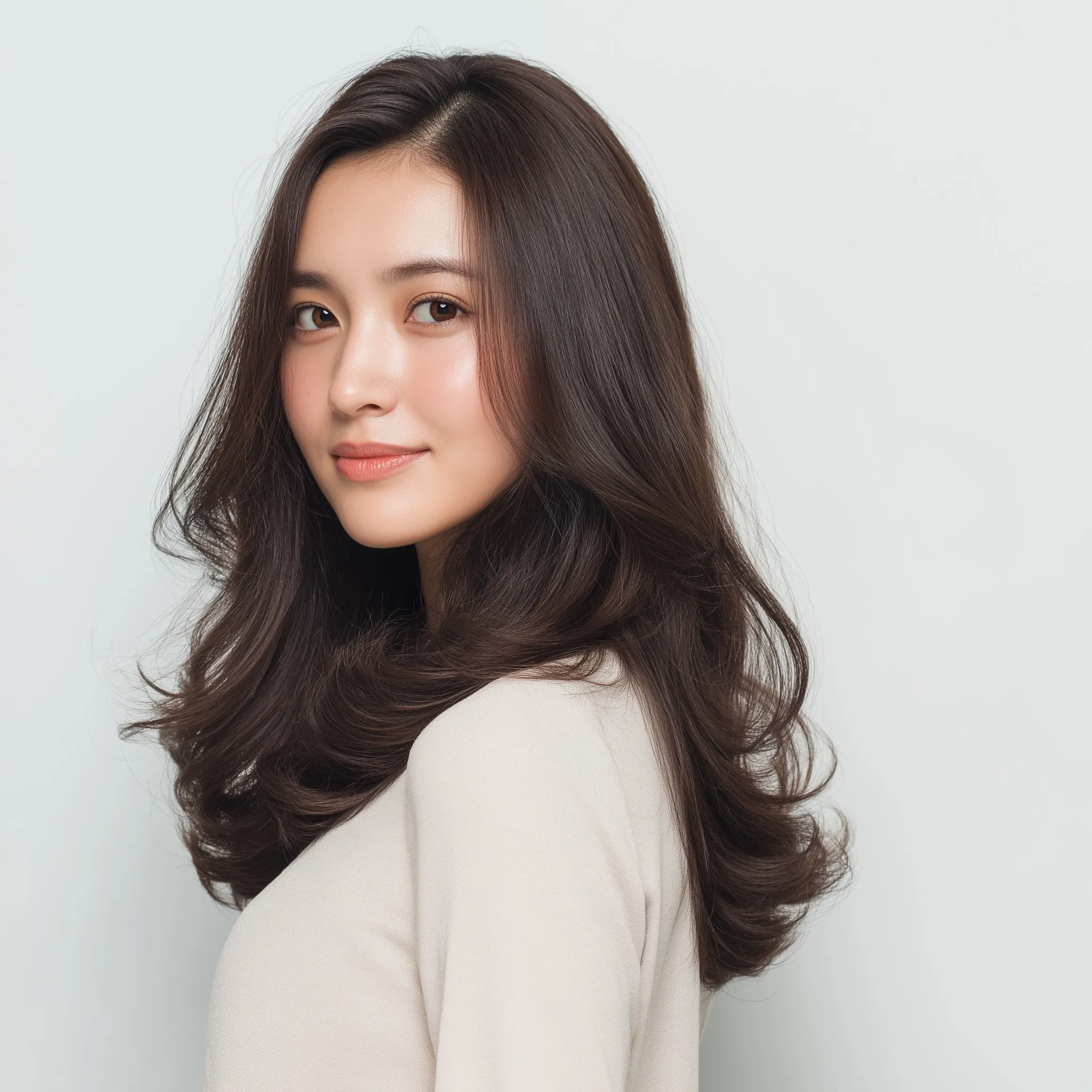 Japanese woman with glossy, shoulder-length soft curls and healthy hair against a clean, minimal white background.