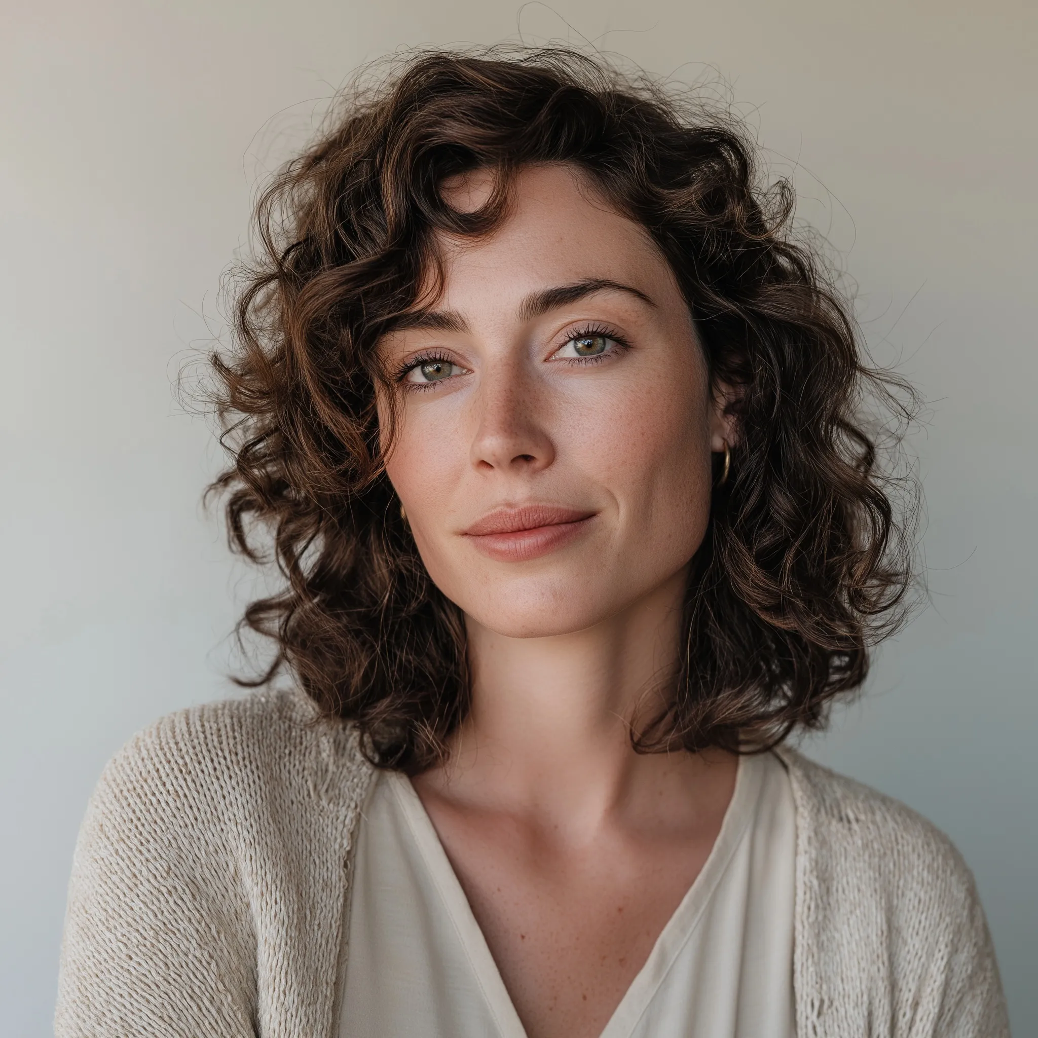 Portrait of a woman in her 30s with shoulder-length soft curls, hazel eyes, and freckles in a bright studio.