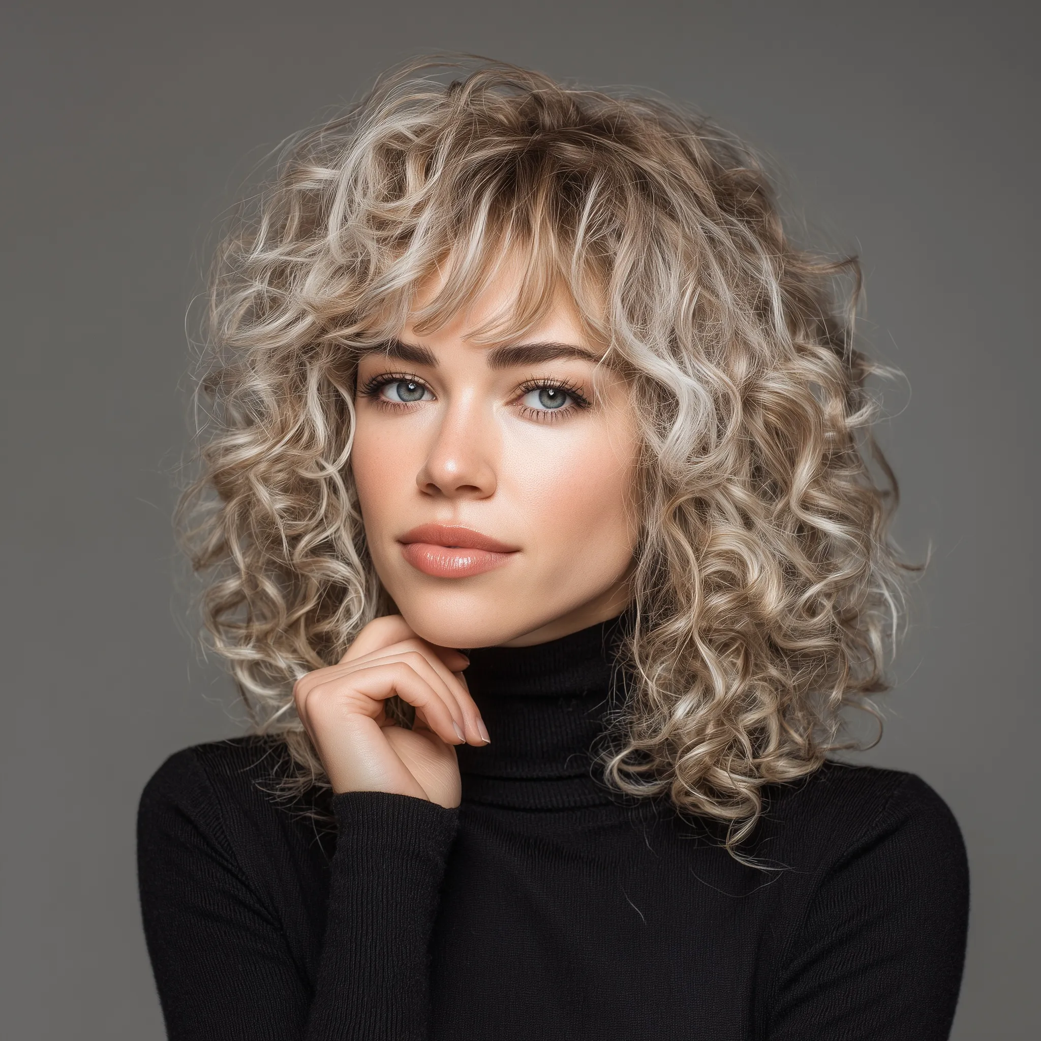 A professional 28-year-old female doctor with elegant shoulder-length soft blonde curls in a high-end studio setting.
