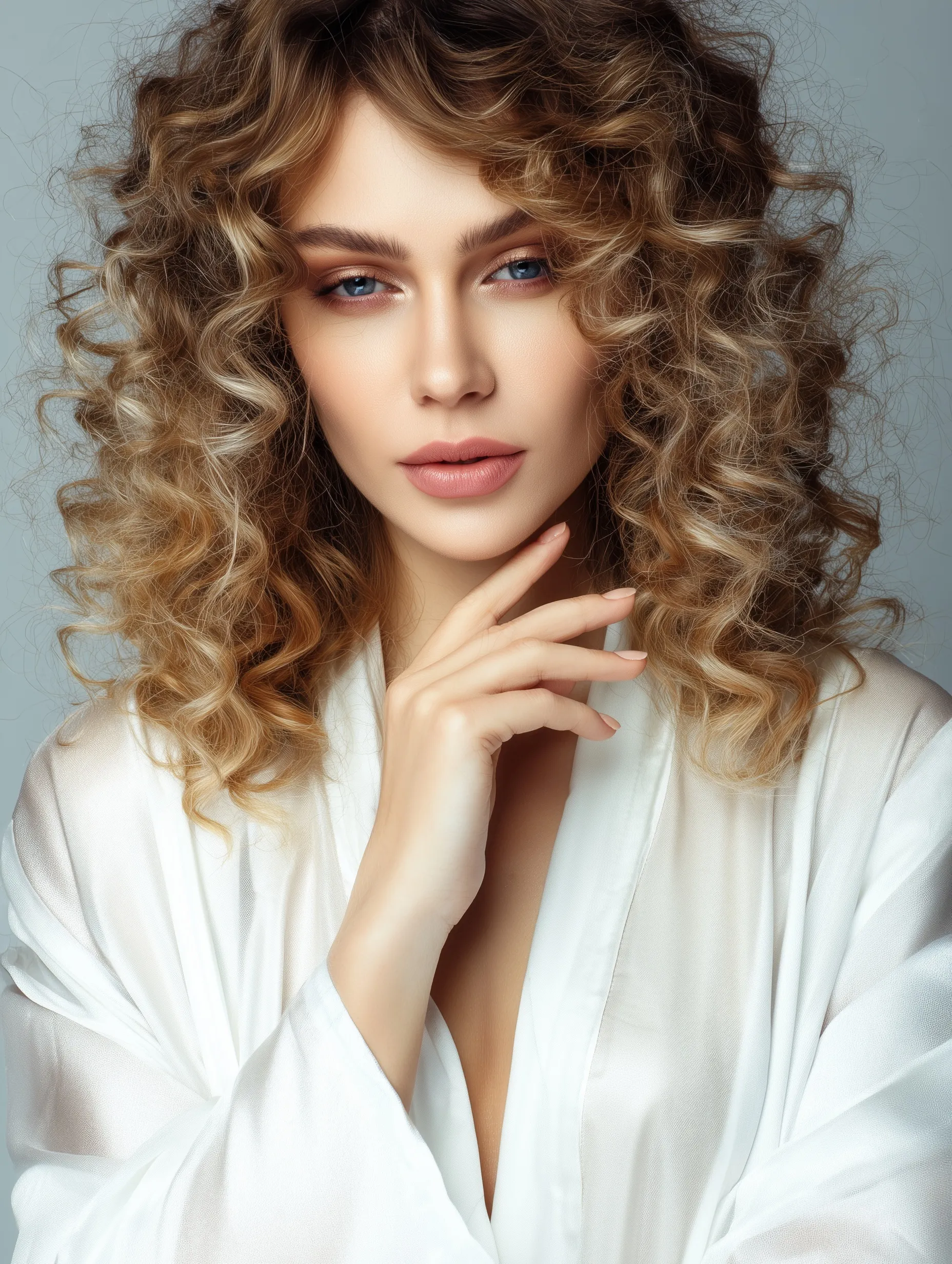 A professional 28-year-old female doctor with elegant shoulder-length soft curls and a high-end magazine aesthetic.