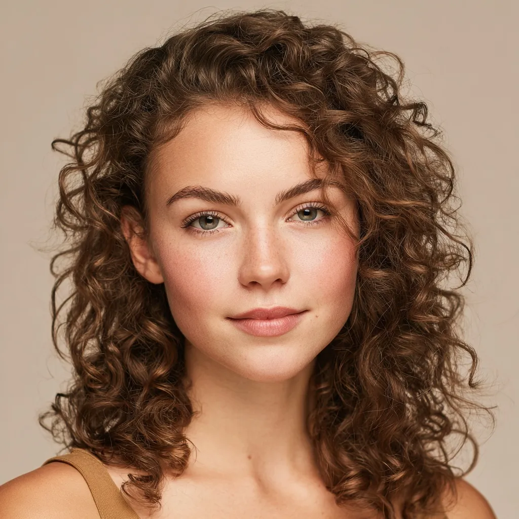 Studio portrait of a beautiful young woman with shoulder-length soft brown curls and a gentle smile.
