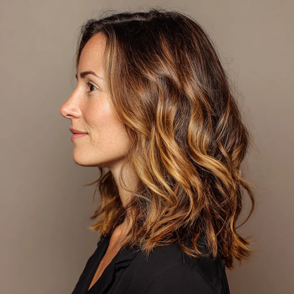 Professional woman, 35-45, with shoulder-length soft curls posing in a business setting.