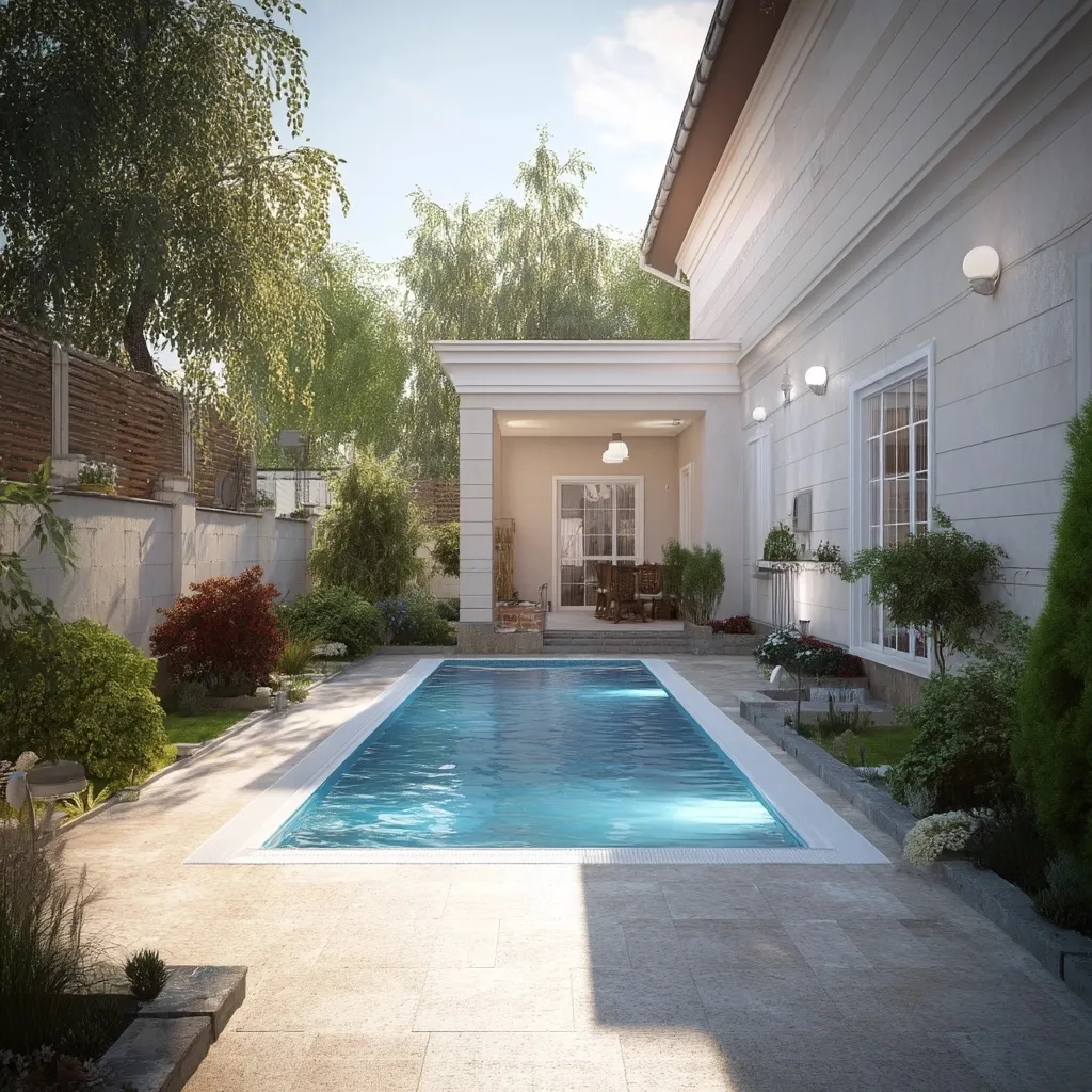 A modern geometric backyard pool providing a luxurious, relaxing oasis for summer swimming and home entertainment.