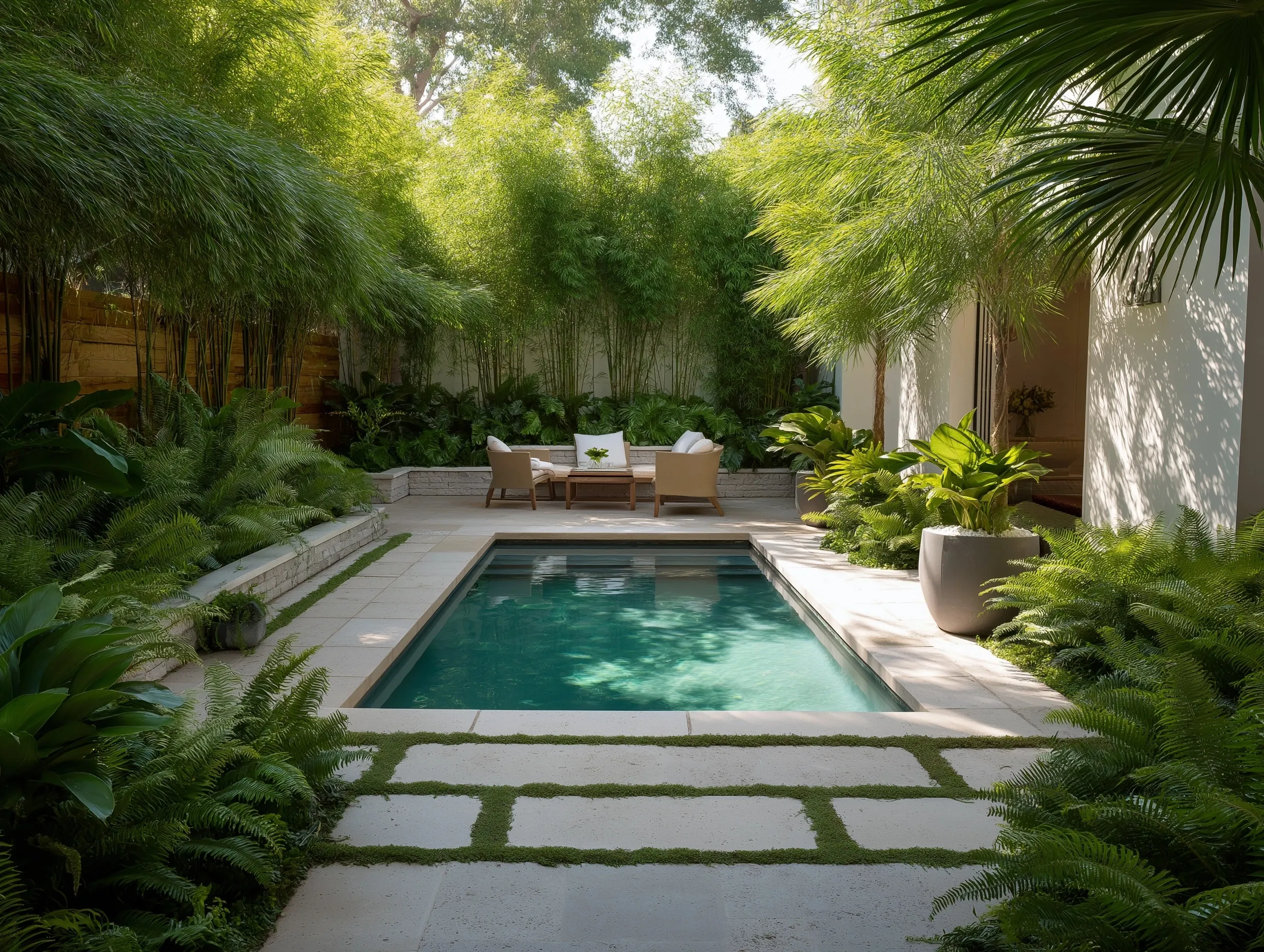 Eye-level view of a small geometric courtyard swimming pool surrounded by lush greenery and modern stone paving.