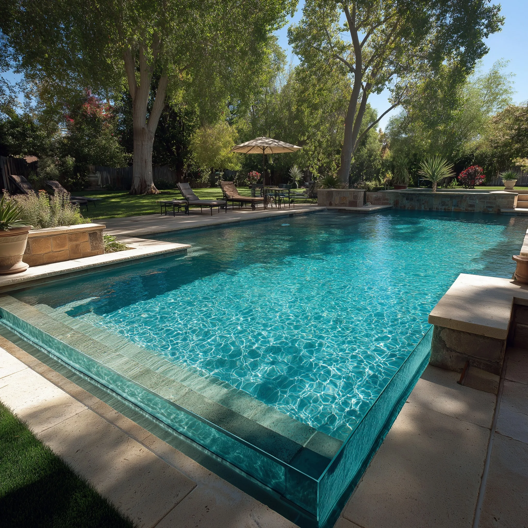 Modern geometric inground pool in a small backyard, featuring clean lines and a relaxing outdoor lounge space.