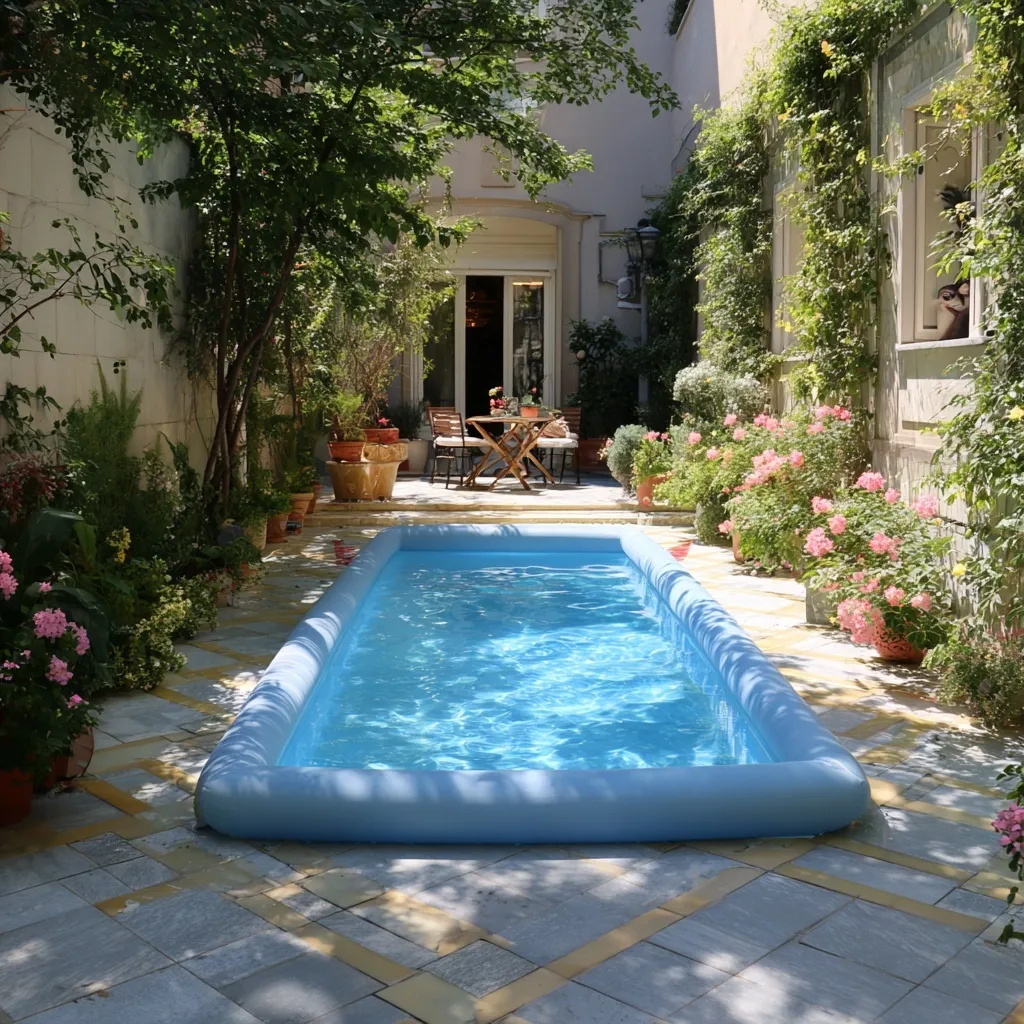 A serene small backyard with a geometric inflatable pool, stone patio, and lush garden for outdoor relaxation.