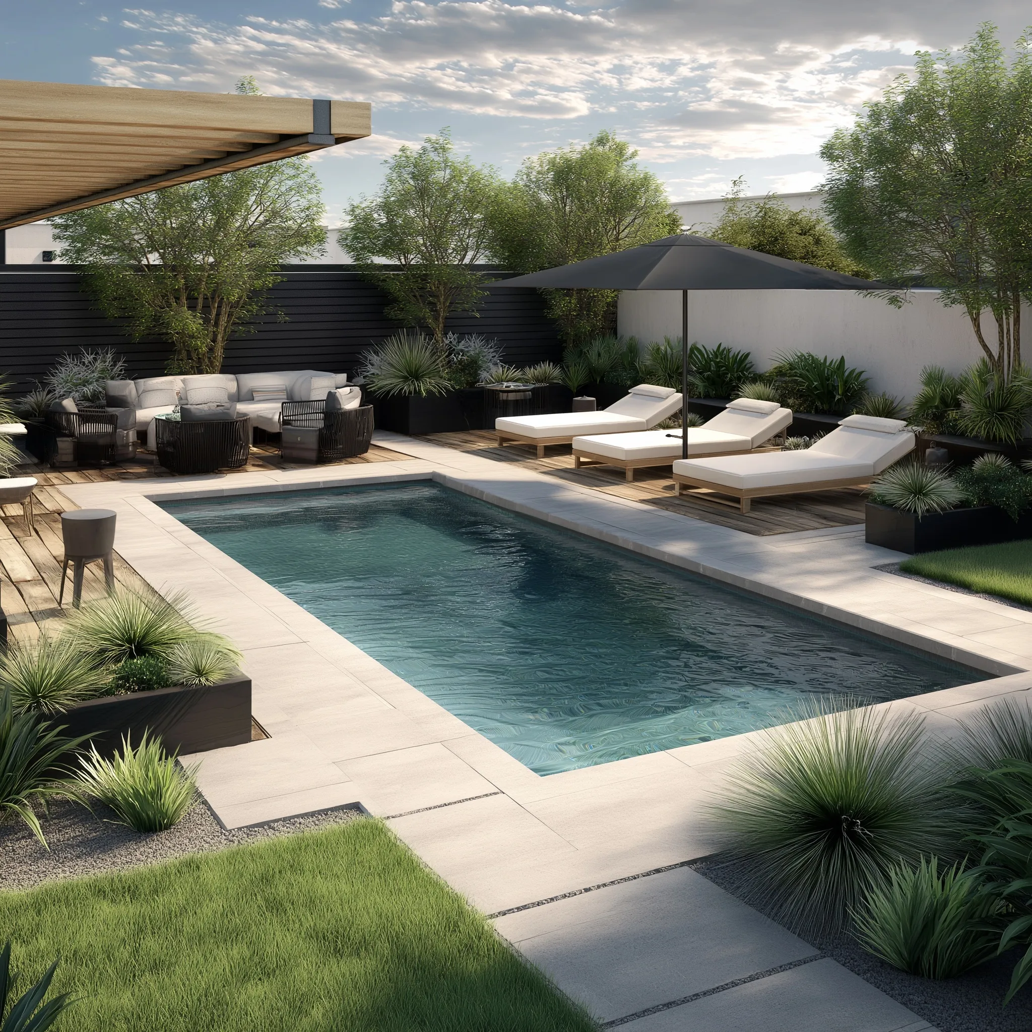 Modern small geometric backyard pool with lounge chairs, covered patio seating, and stylish wood and cream decor.