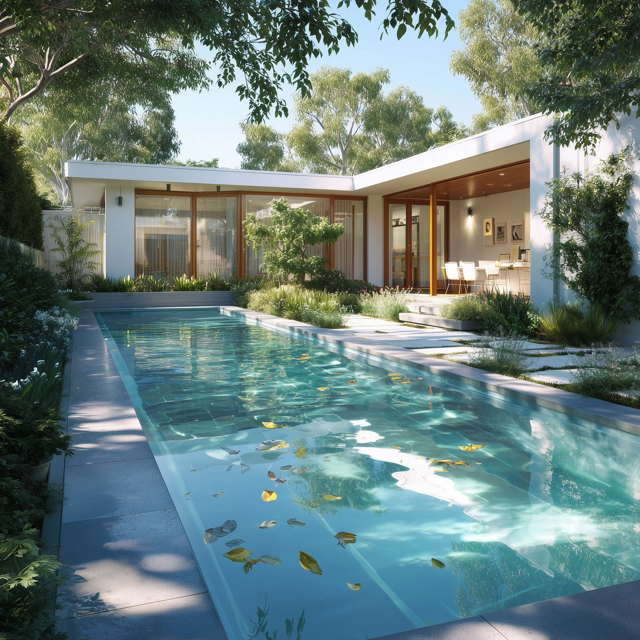 Modern geometric rectangle pool with cement decking and floating leaves in a serene suburban backyard garden.
