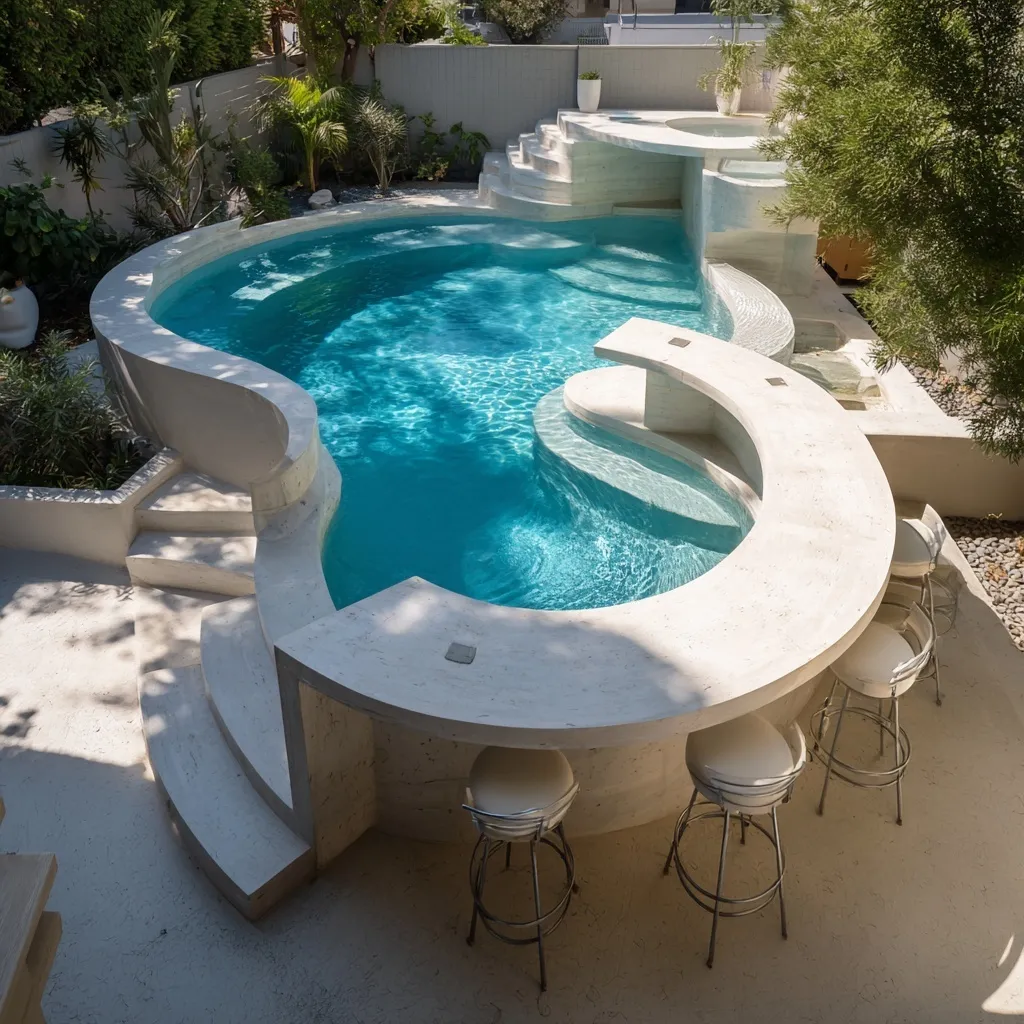 Modern raised geometric backyard pool with integrated bar seating, patio steps, and a private luxury lounge area.