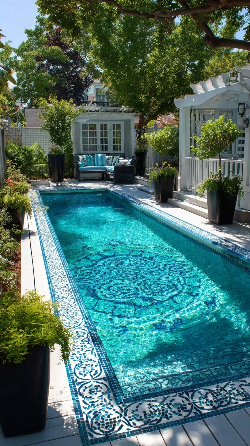 A chic geometric spool pool with blue mosaic tiles, white decking, and modern black planters in a backyard.