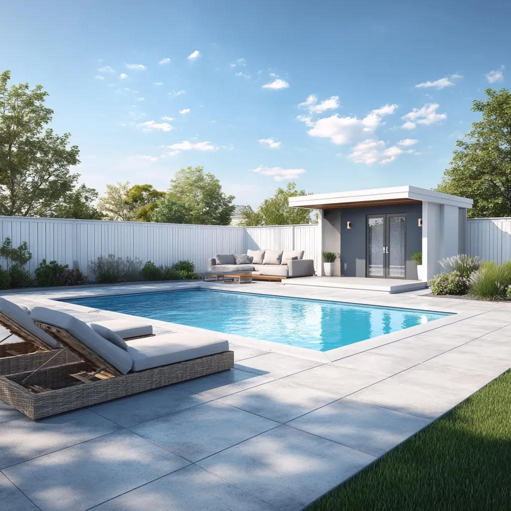 Modern backyard featuring a geometric swimming pool, wooden pergola, lounge area, and a sleek home office shed.
