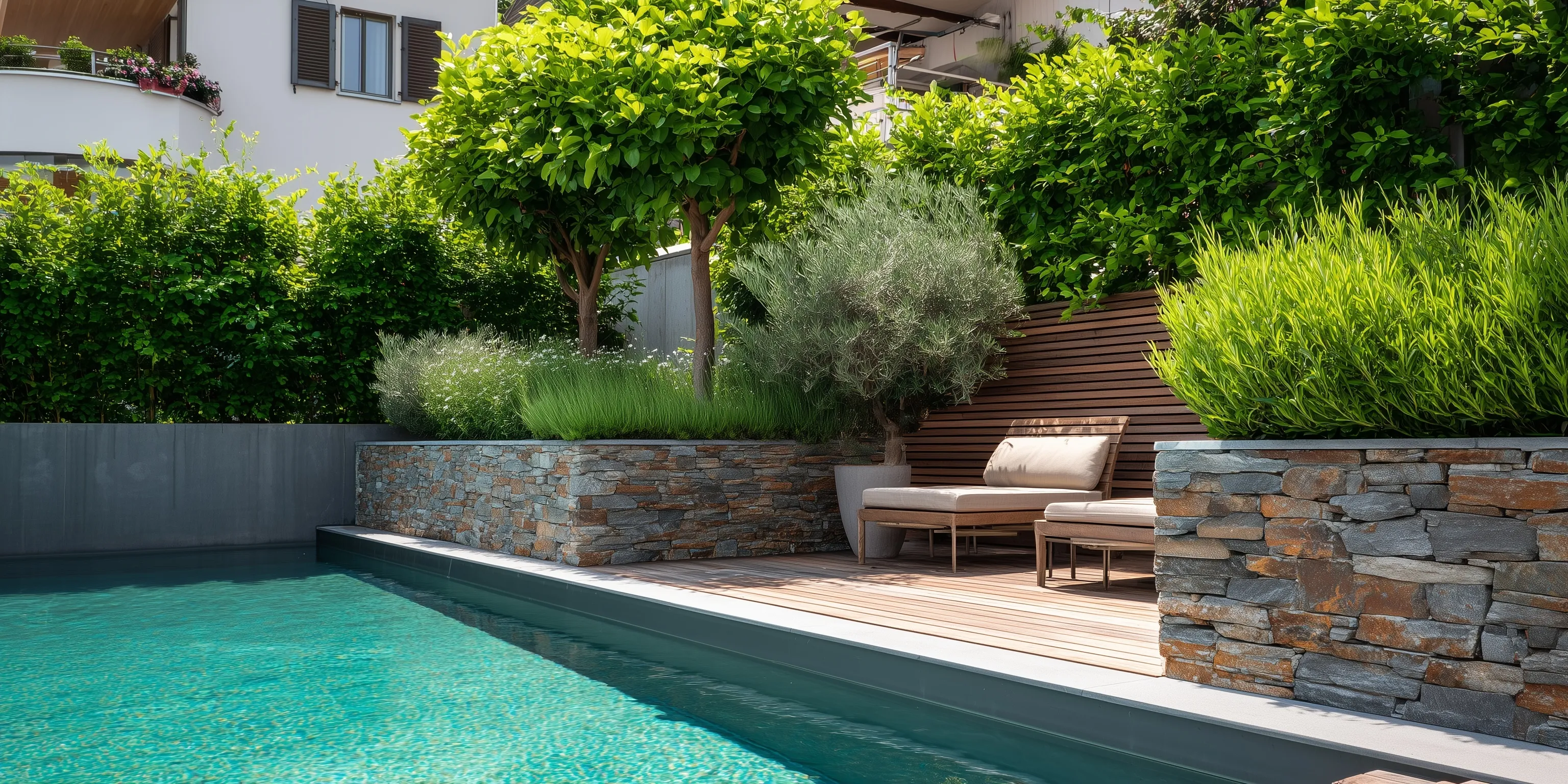Small geometric backyard swimming pool design in a lush Swiss garden setting, perfect for summer relaxation.