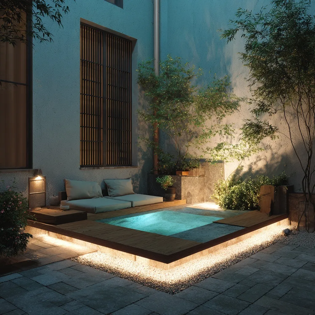 A modern small backyard geometric pool design featuring a central glowing patio in a compact 63sqm courtyard space.