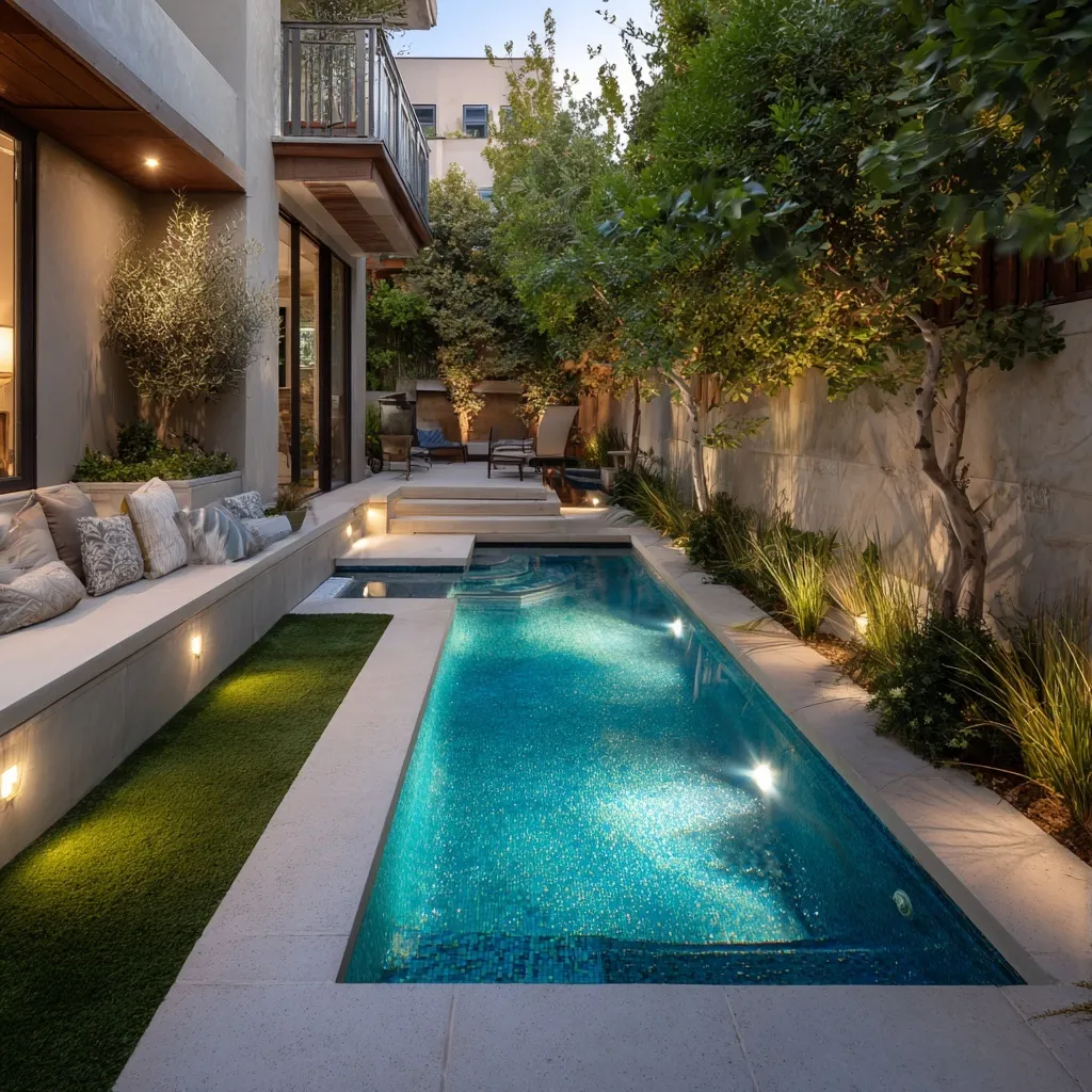 Small rectangular geometric pool with midnight blue plaster, modern coping, and turf in a 10x20 side yard.