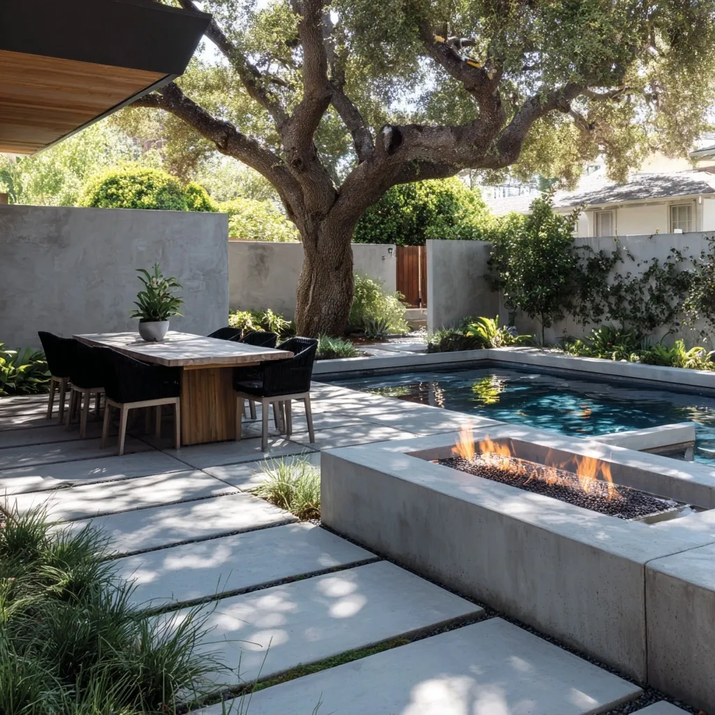 Small geometric pool and spa with concrete patio, fire pit, and tropical landscaping under an oak tree.
