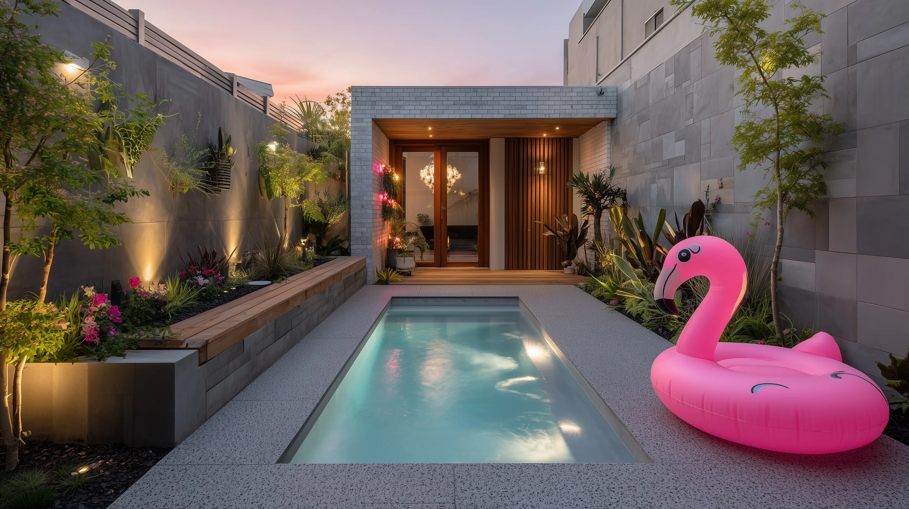 Small geometric plunge pool in a backyard courtyard at twilight with a pink flamingo floatie and warm lighting.