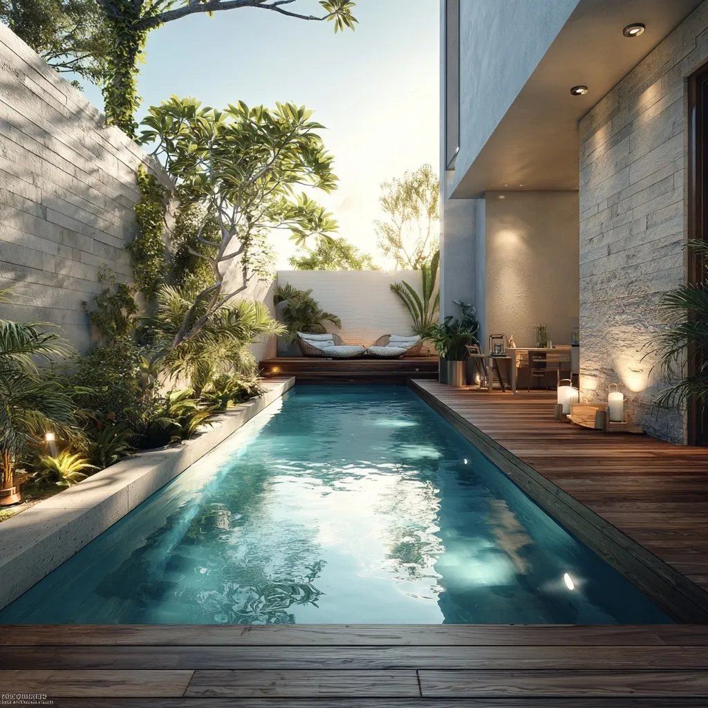 A sleek 12m geometric villa pool with wooden decking and lush perimeter landscaping in a cozy UAE-style backyard.