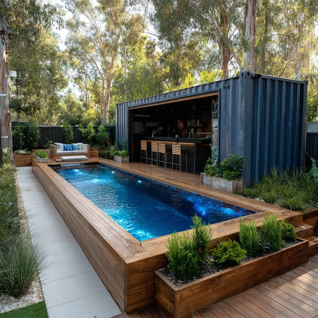 Modern geometric shipping container pool in a small backyard for a comfortable and stylish outdoor oasis.
