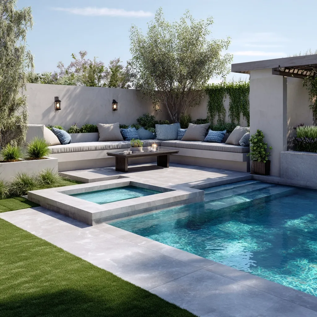 Luxury geometric pool and spa in a modern San Diego backyard with concrete patio and artificial turf.
