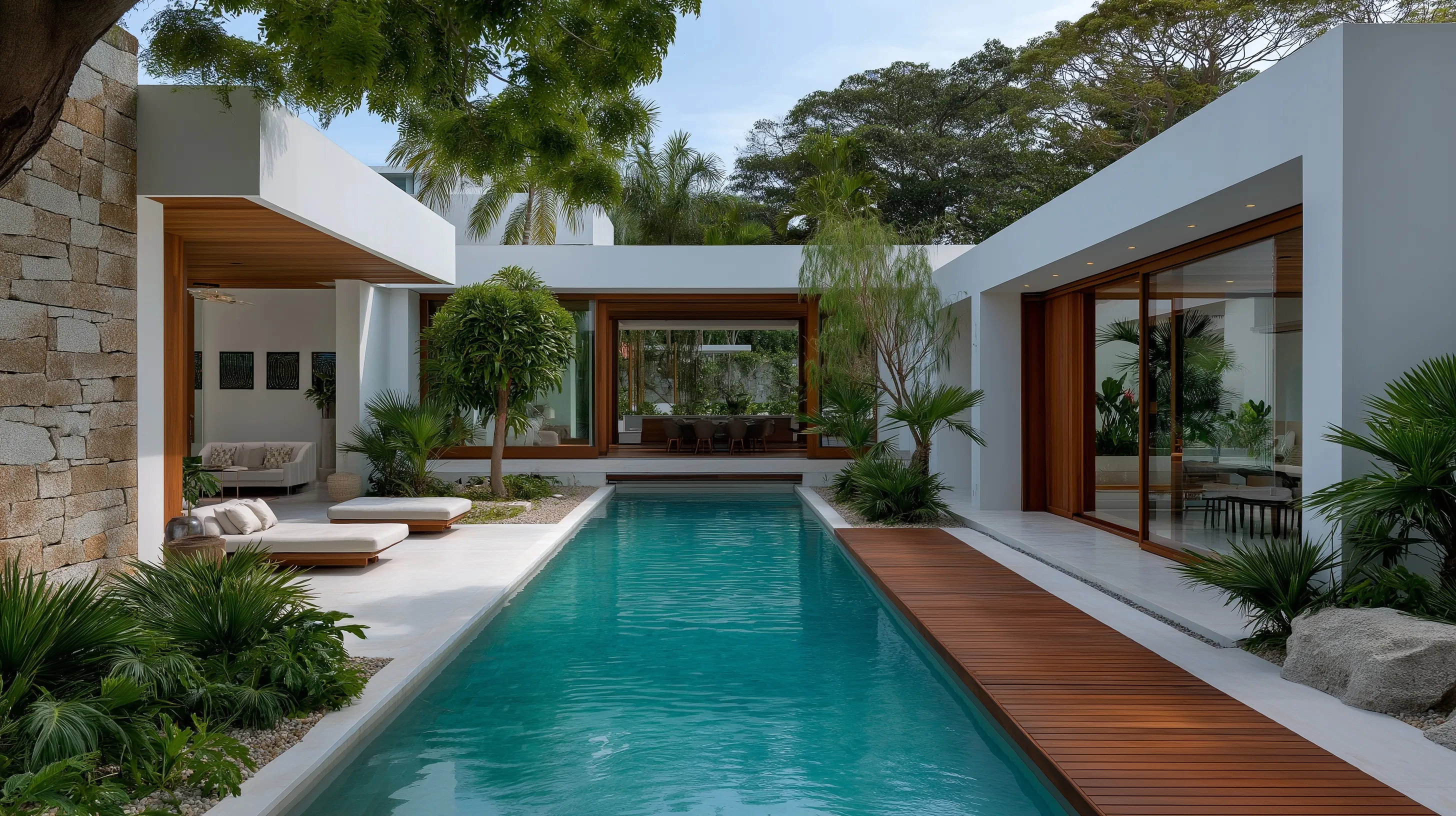 Luxury minimalist villa with a geometric backyard pool, tropical courtyard, and modern wood architecture.