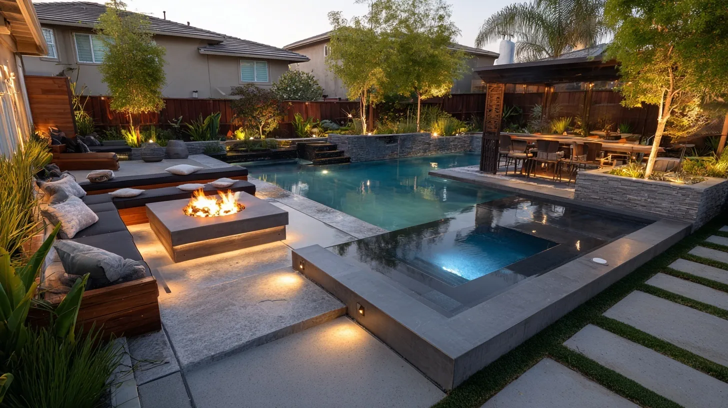 Contemporary geometric backyard pool with integrated hot tub, fire pit, and comfortable lounge seating.