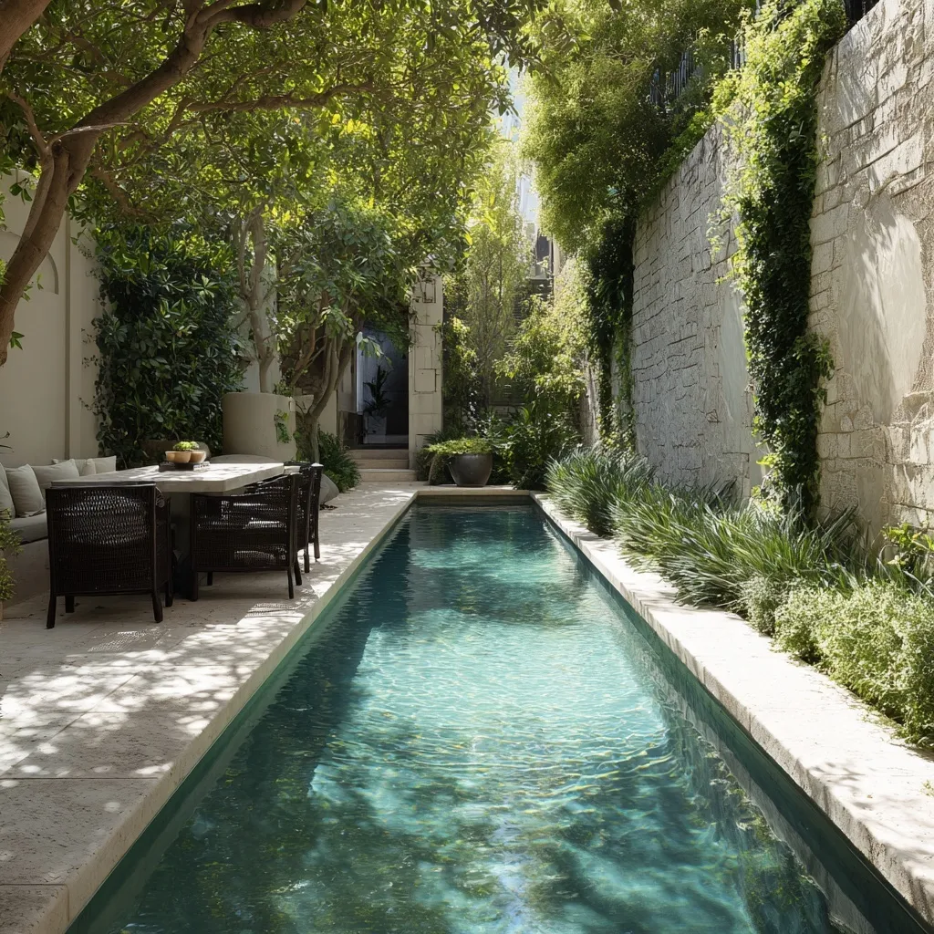 Small geometric pool in a long narrow backyard with Mediterranean garden, dining area, and paella grill.