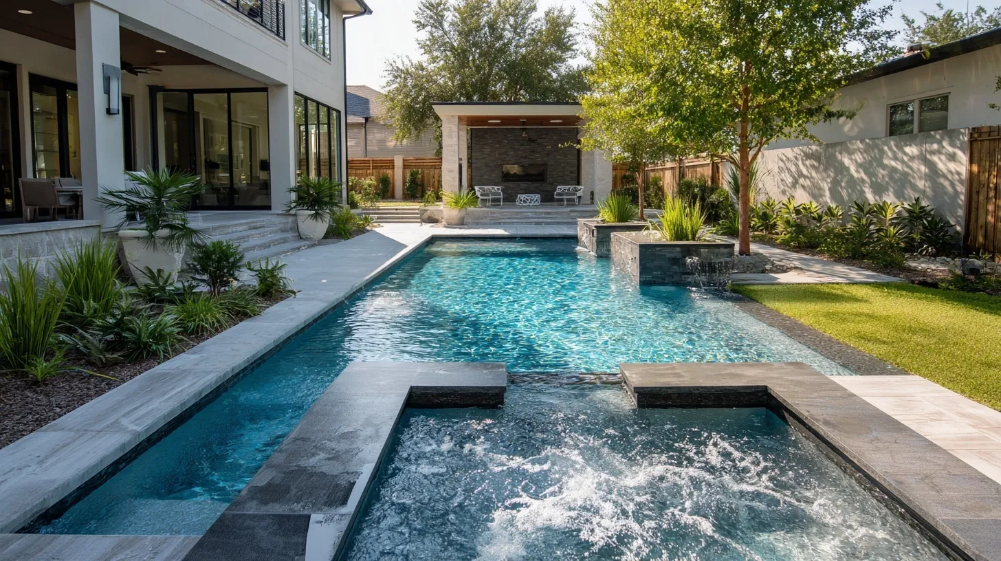 Modern geometric backyard pool in Fulshear, Texas, featuring a relaxing built-in bubbling hot tub.