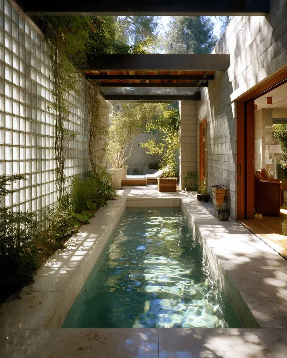 Modern small backyard geometric pool with porcelain deck, concrete walls, and lush plants for private relaxation.