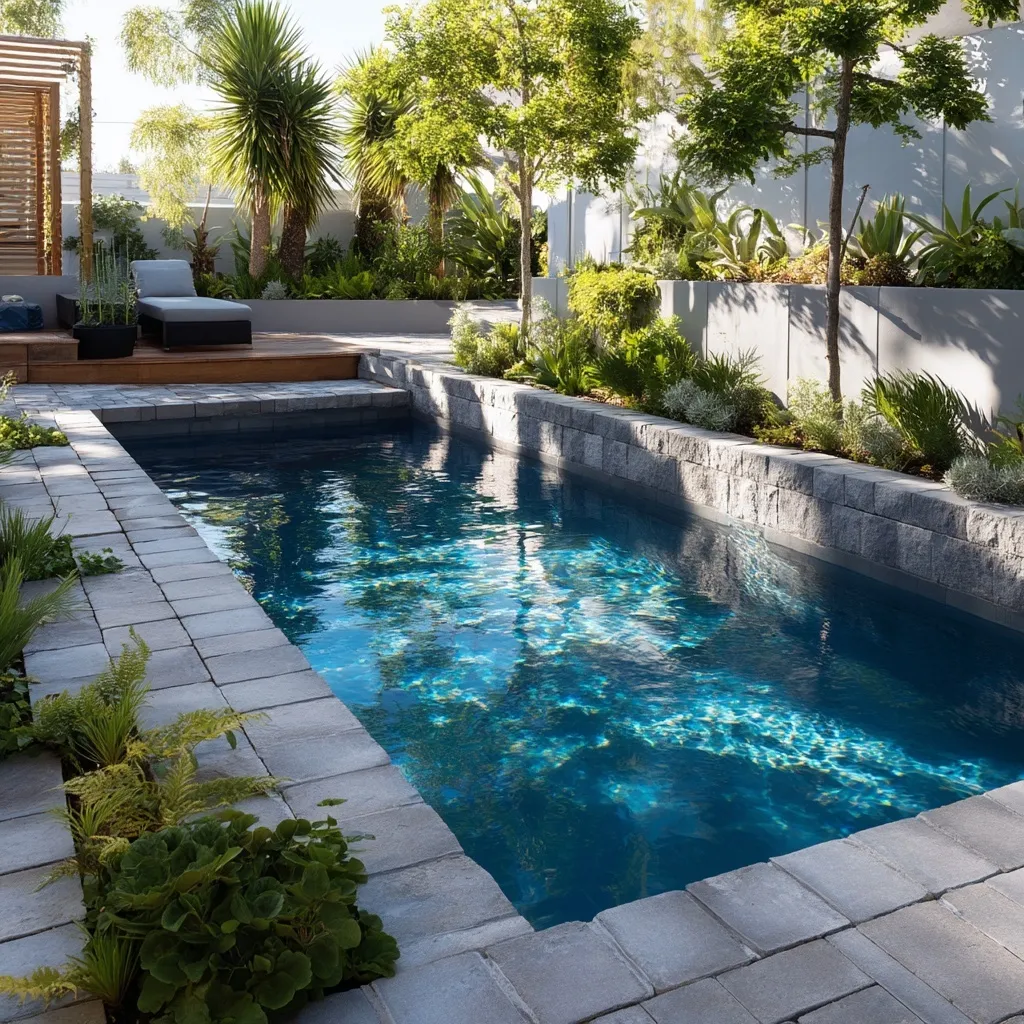 Modern geometric small backyard pool featuring natural cobblestone paving with lush greenery growing in the cracks.