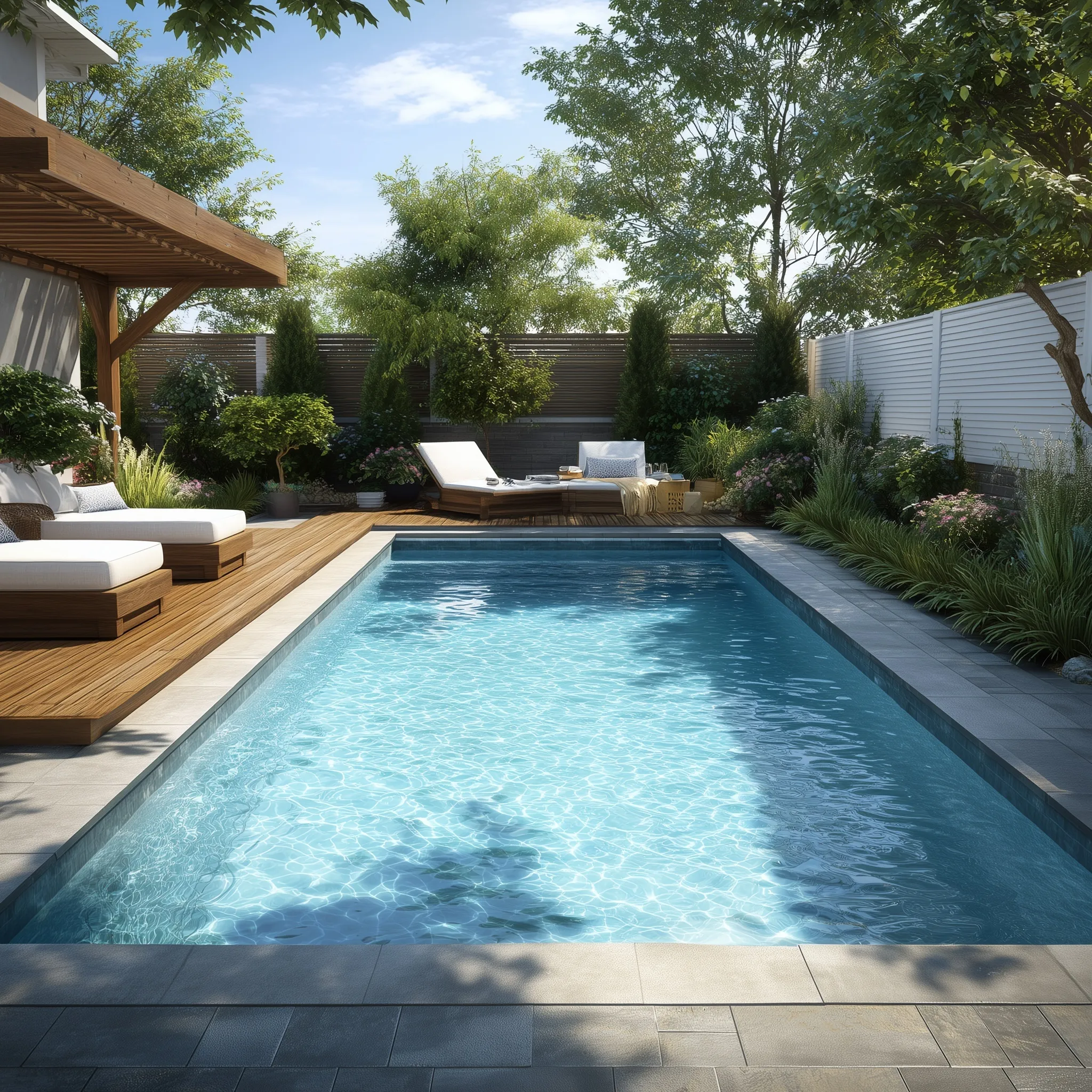 A modern rectangle geometric pool in a sunny Montreal backyard, capturing a relaxing summer atmosphere.