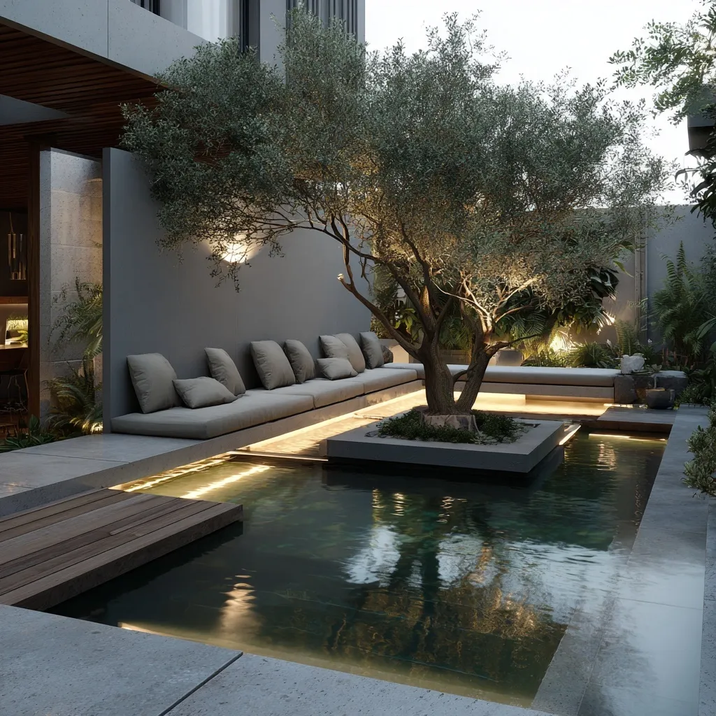 Small geometric backyard pool with central olive tree planter and comfortable built-in cushioned bench seating.