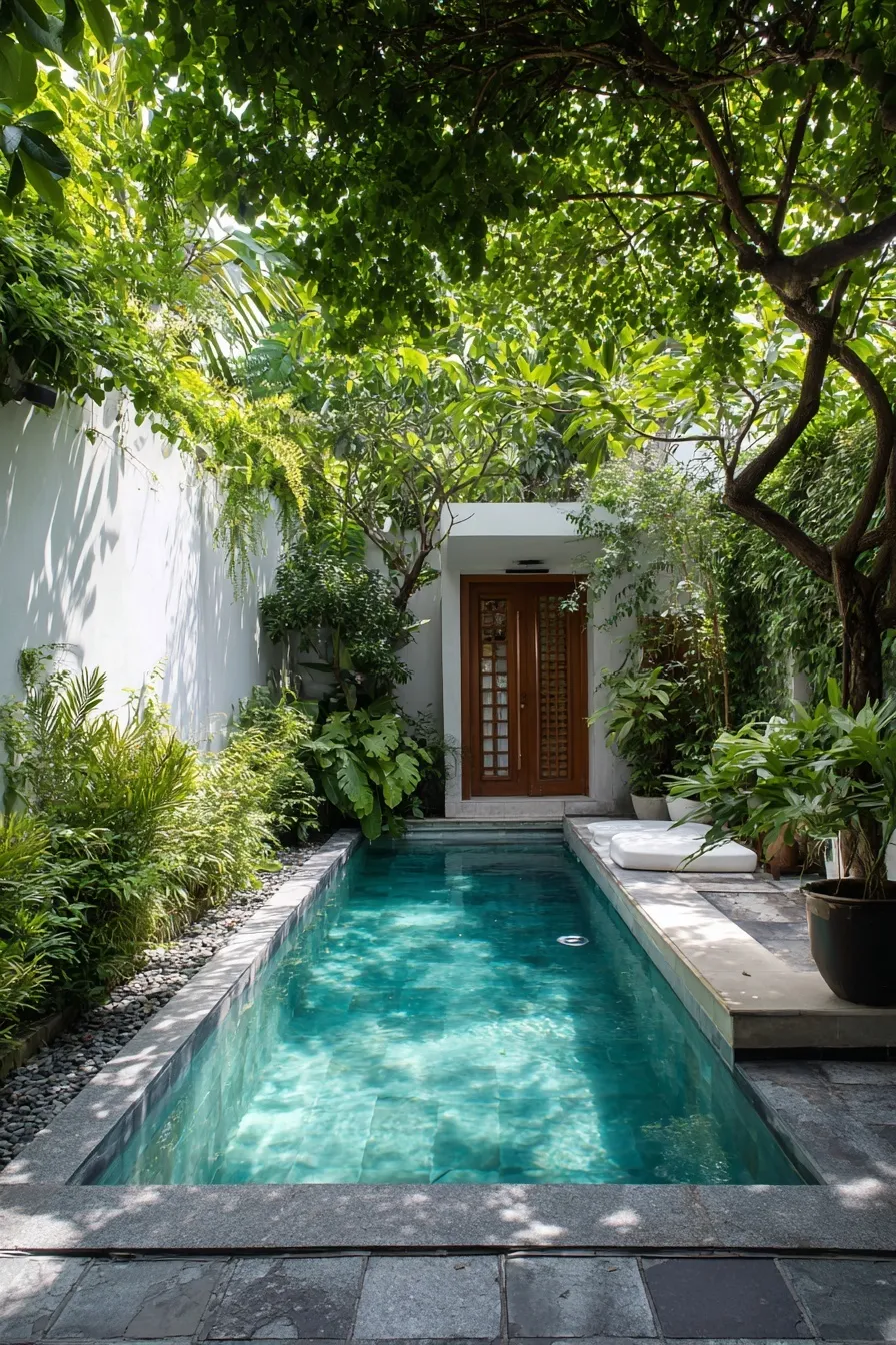 Small narrow backyard with a geometric pool, grey stone pavers, lush greenery, and a private white garden wall.