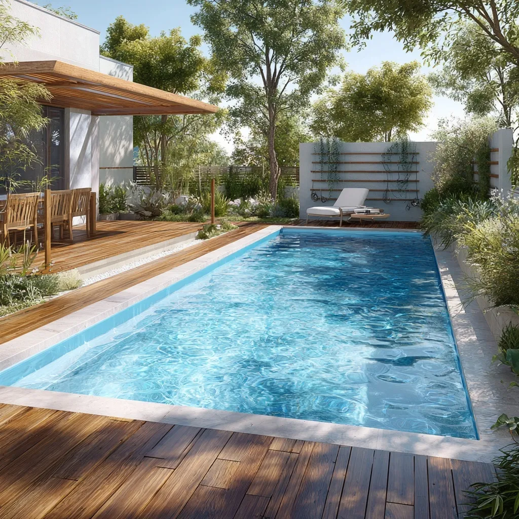 Small geometric backyard pool with dark wood deck and stylish blue metal pergola on a lush green lawn.
