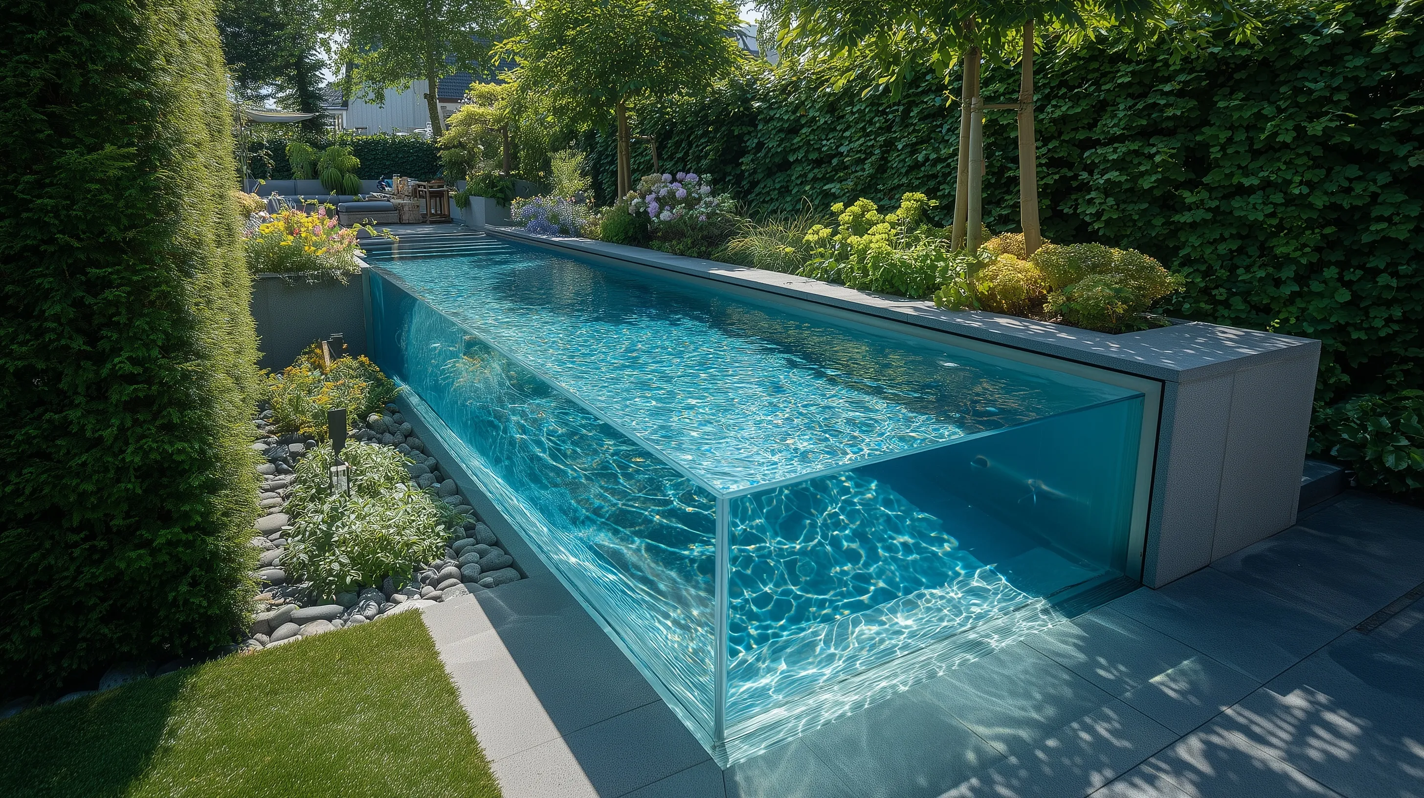 Modern small backyard pool featuring a transparent acrylic wall for a luxury geometric design.