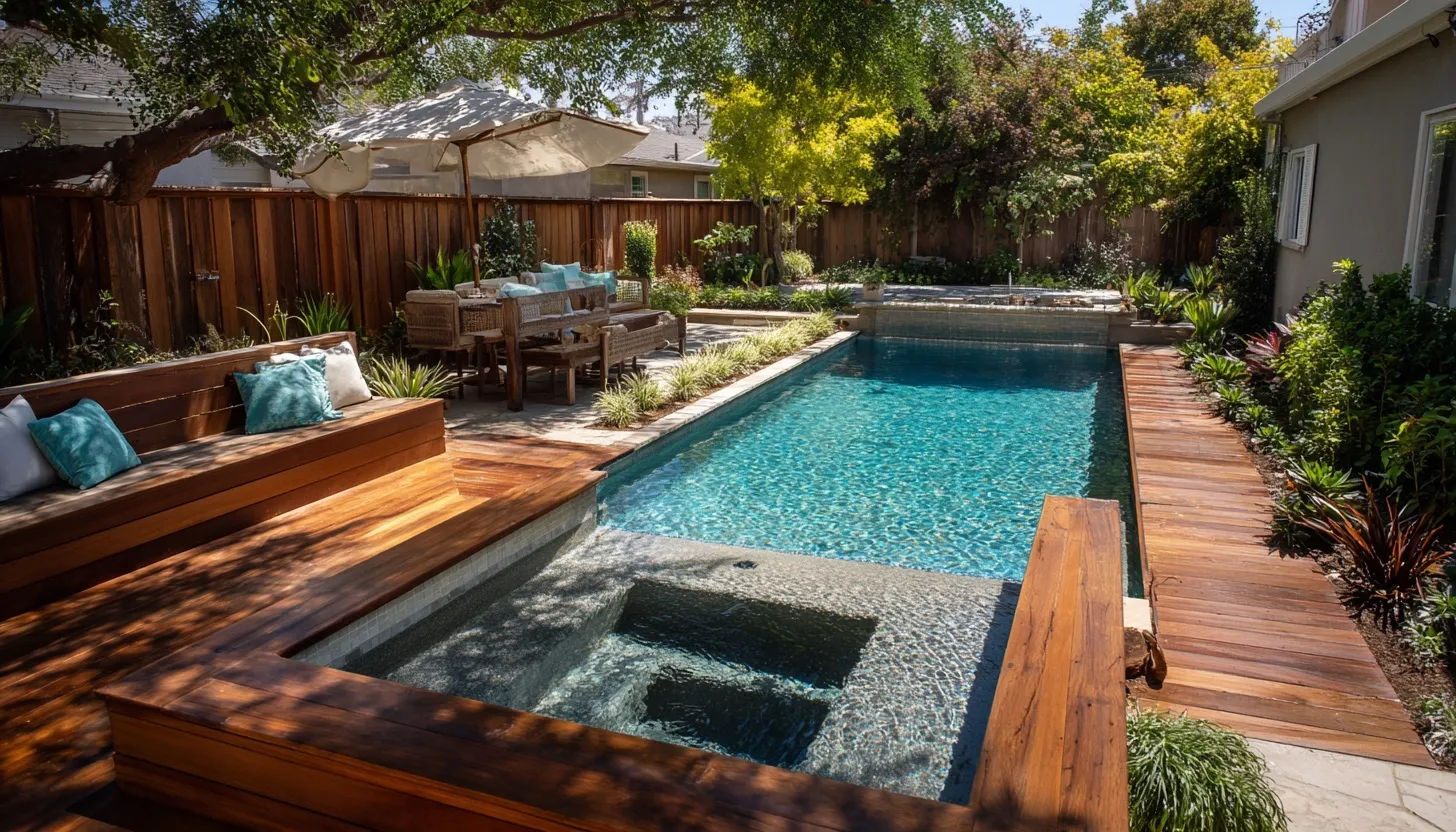 A sleek geometric backyard pool offering a refreshing swimming space and modern comfort in a compact home garden.