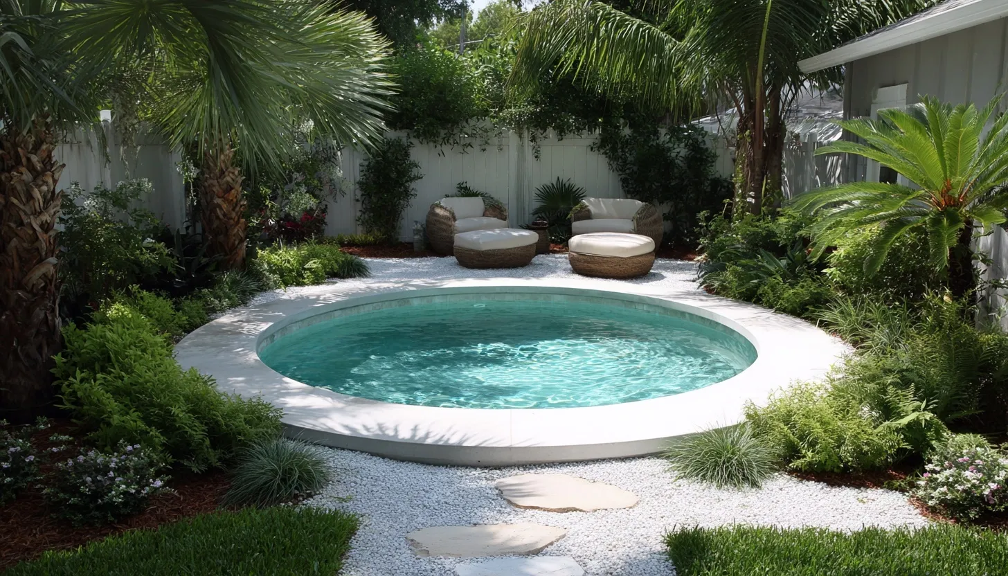 A modern small round geometric pool in a sunny Florida backyard, offering a private, comfortable outdoor oasis.