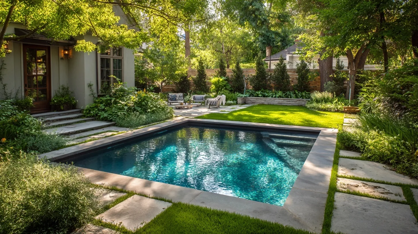 A sleek small square geometric pool in a modern backyard, offering a comfortable, private oasis for relaxation.