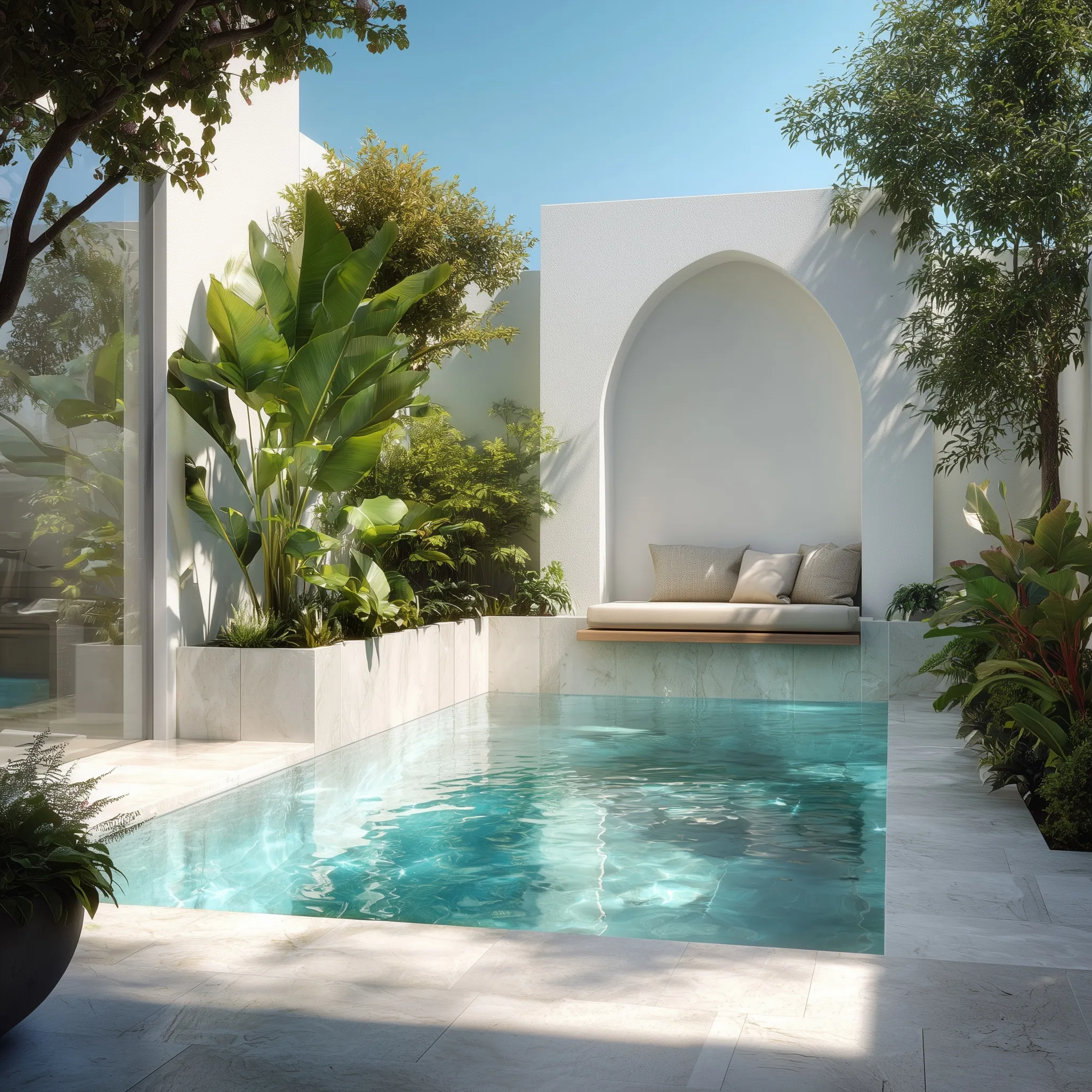 Modern luxury courtyard plunge pool with minimalist landscaping, arched alcove seating, and tropical foliage.