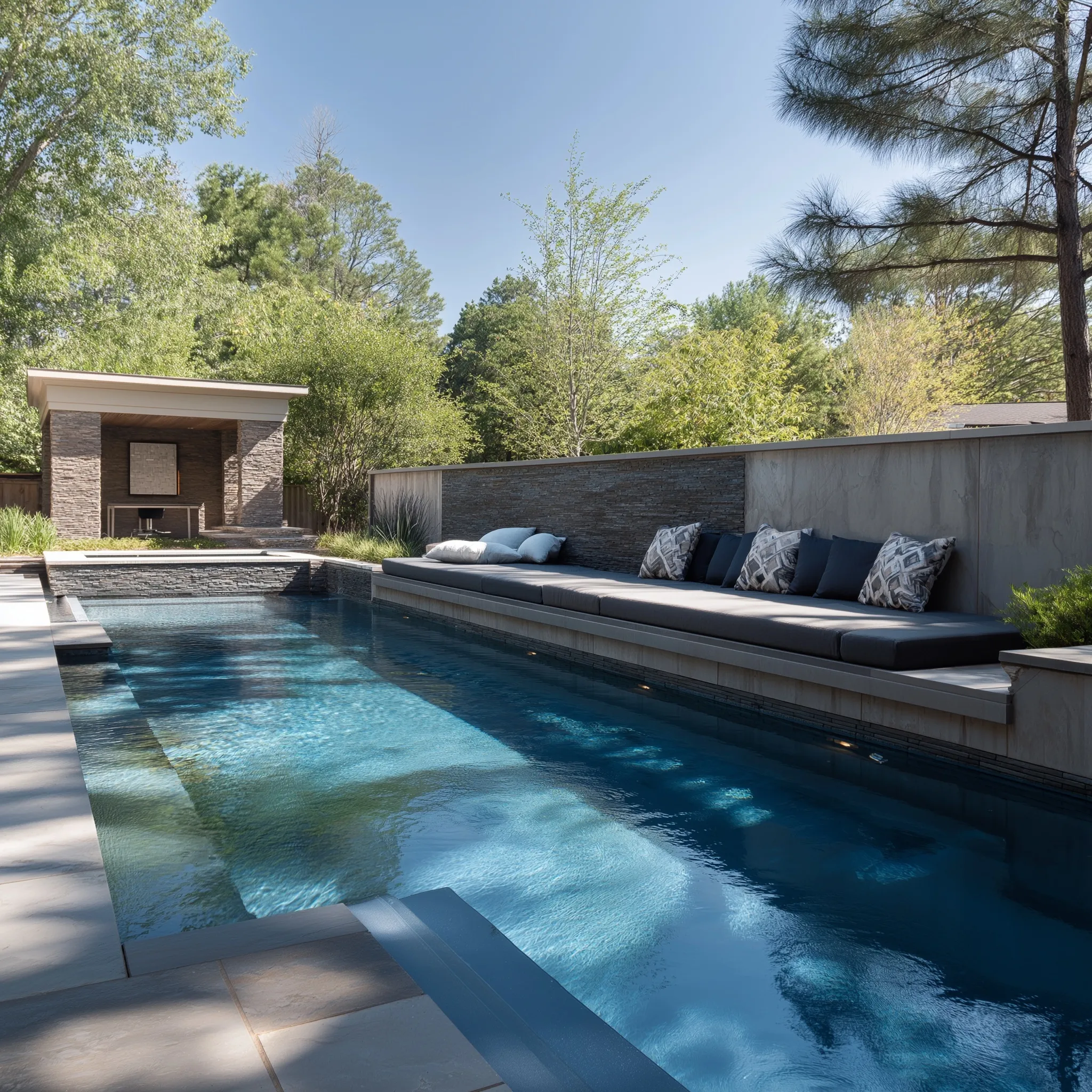 Modern geometric small backyard pool featuring a sun shelf and long seating bench for relaxing lounge space.
